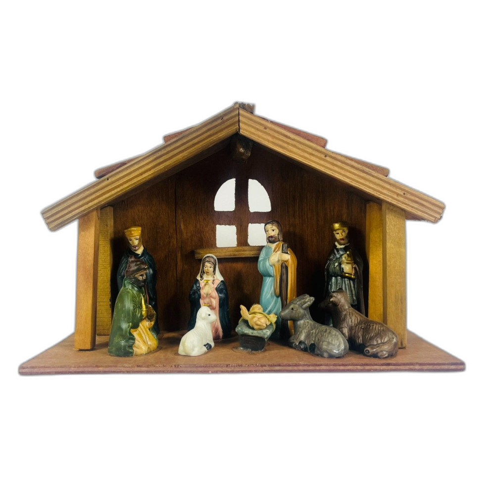 Vintage Creche Natvity Set Porcelain Mounted